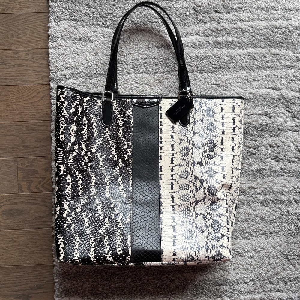 Coach Black & Cream Snake-Print Tote Bag